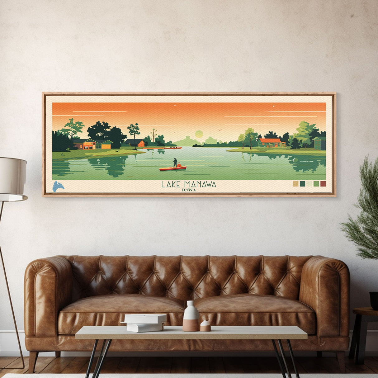 Lake Manawa Iowa Framed Canvas Print, Panoramic Wall Art, Midcentury Modern, Pop Art, Living Room Decor, Travel Poster