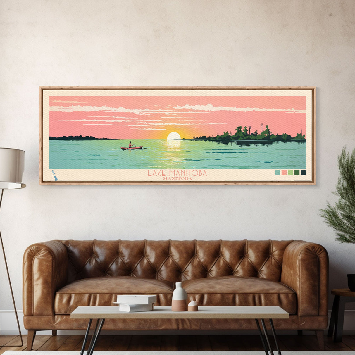 Lake Manitoba Manitoba Framed Canvas Print, Panoramic Wall Art, Midcentury Modern, Pop Art, Bedroom Art, Travel Poster, Lake House Decor