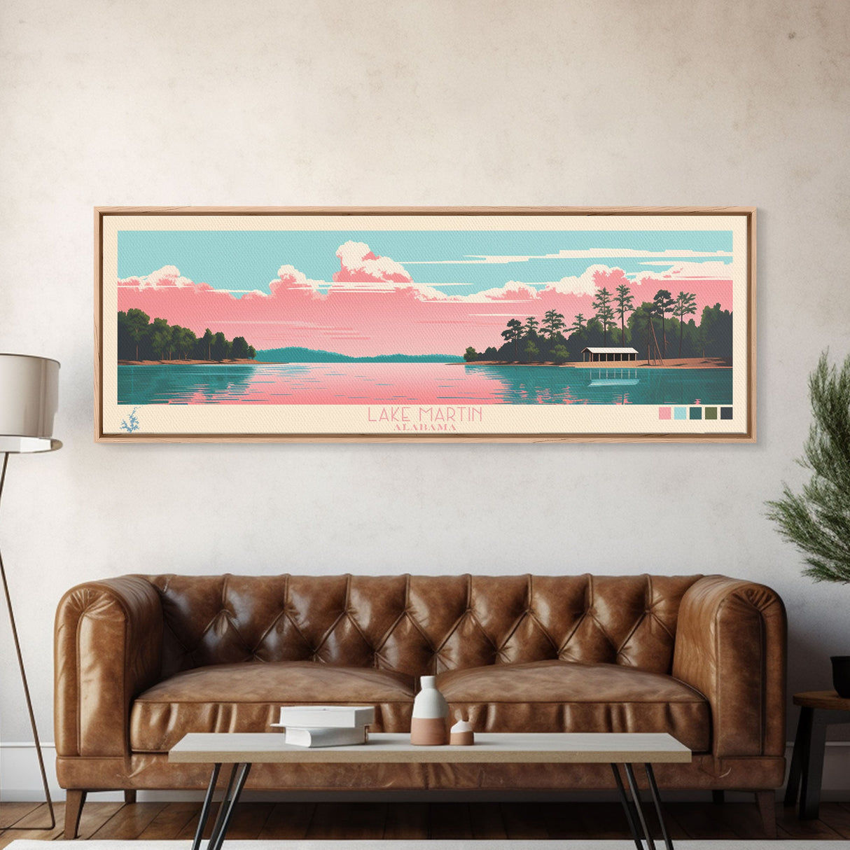 Lake Martin Alabama Framed Canvas Print, Panoramic Wall Art, Midcentury Modern, Pop Art, Living Room Decor, Travel Poster