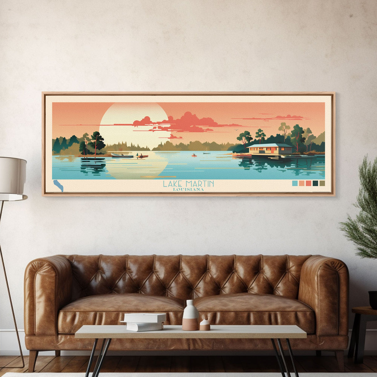 Lake Martin Louisiana Framed Canvas Print, Panoramic Wall Art, Midcentury Modern, Pop Art, Bedroom Art, Travel Poster, Lake House Decor