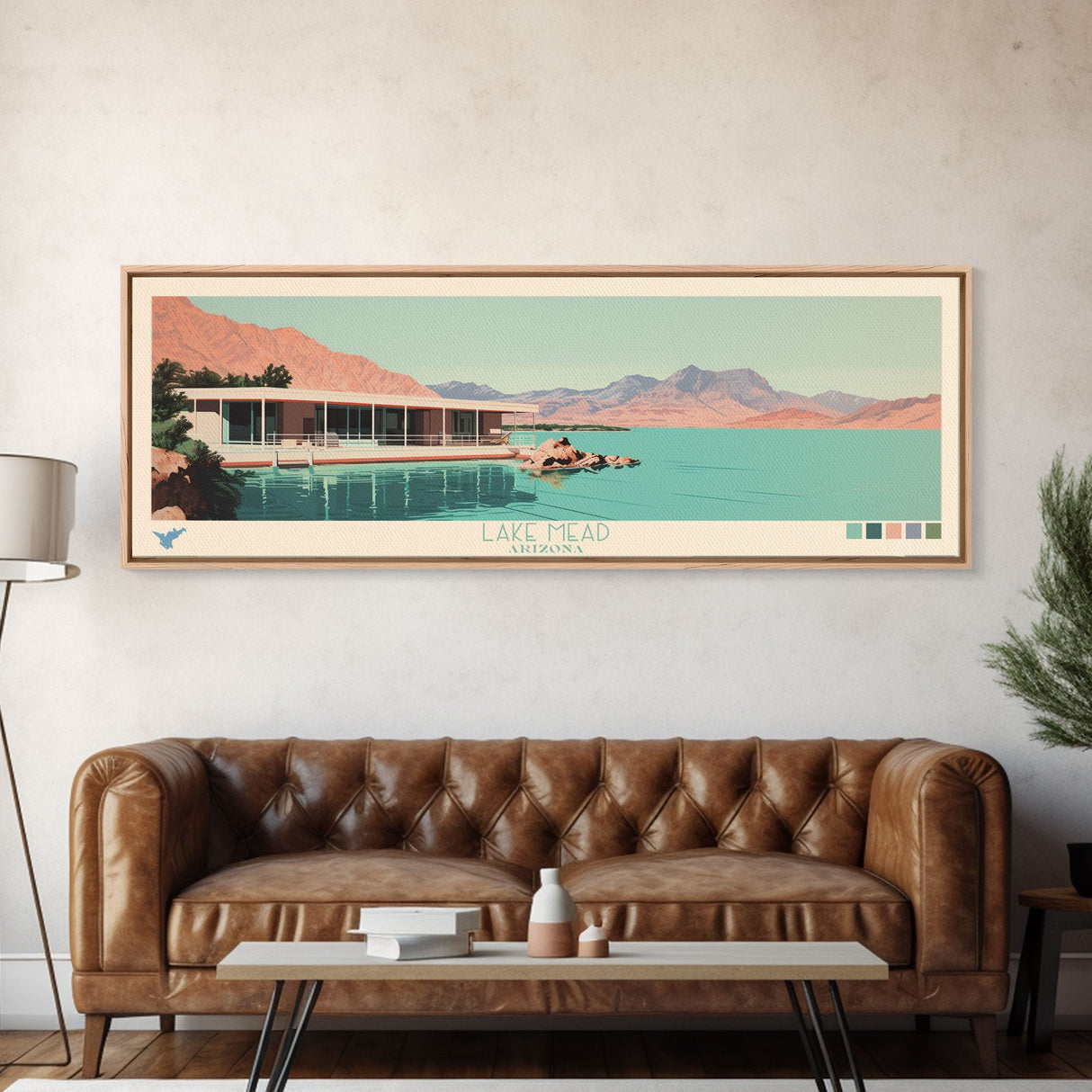 Lake Mead Arizona Nevada Framed Canvas Print, Panoramic Wall Art, Midcentury Modern, Pop Art, Living Room Decor, Travel Poster