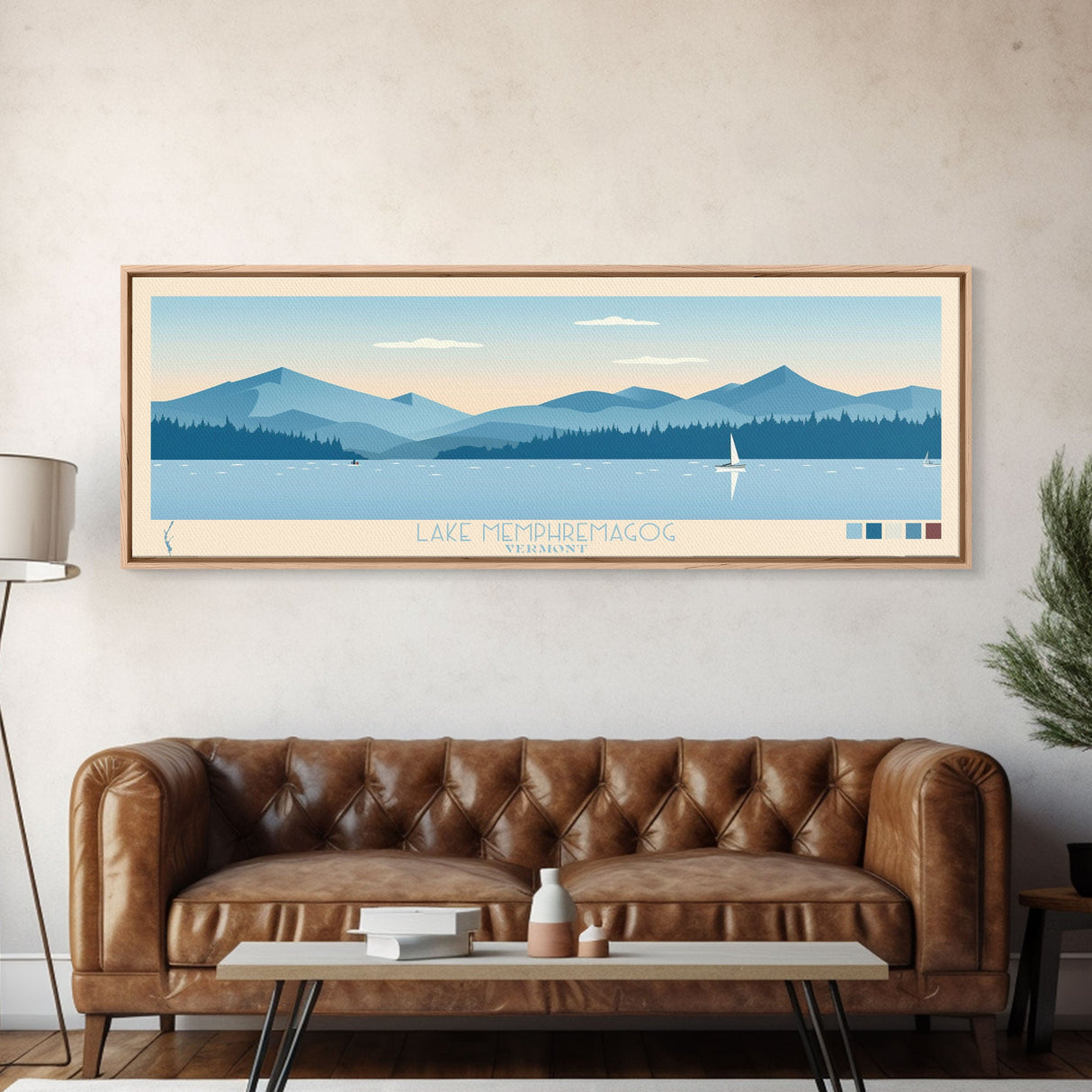 Lake Memphremagog Vermont Framed Canvas Print, Panoramic Wall Art, Midcentury Modern, Pop Art, Bedroom Art, Travel Poster, Lake House Decor