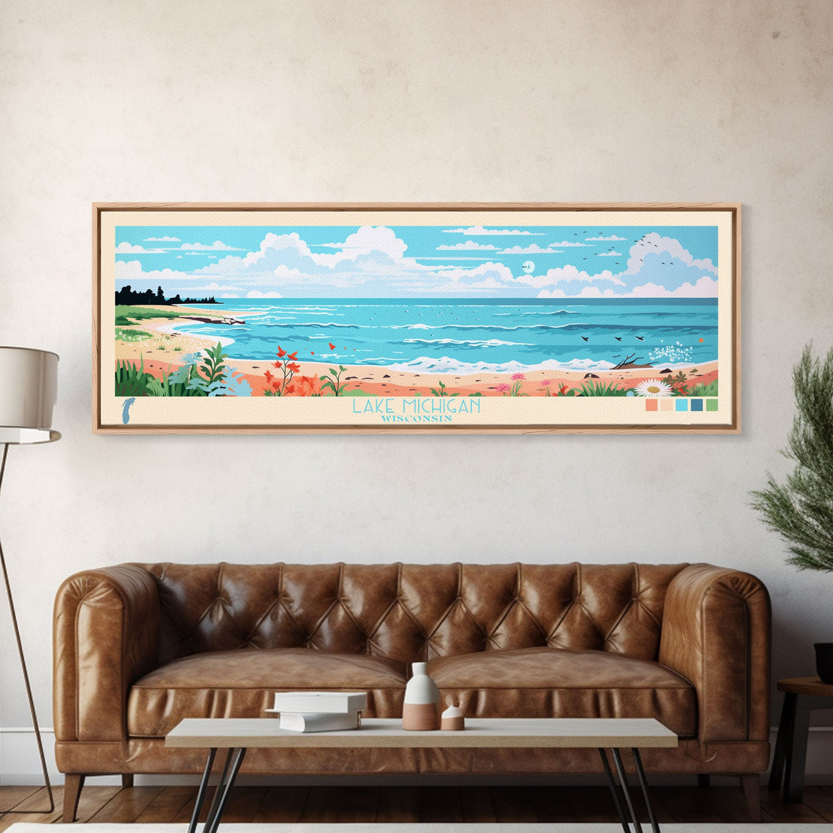 Lake Michigan Wisconsin Illinois Indiana Framed Canvas Print, Panoramic Wall Art, Midcentury Modern, Pop Art, Bedroom Art, Travel Poster, Lake House Decor