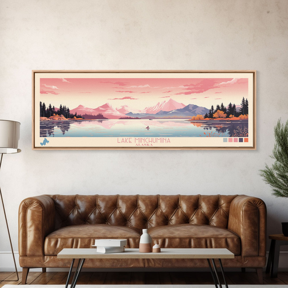 Lake Minchumina Alaska Framed Canvas Print, Panoramic Wall Art, Midcentury Modern, Pop Art, Bedroom Art, Travel Poster, Lake House Decor