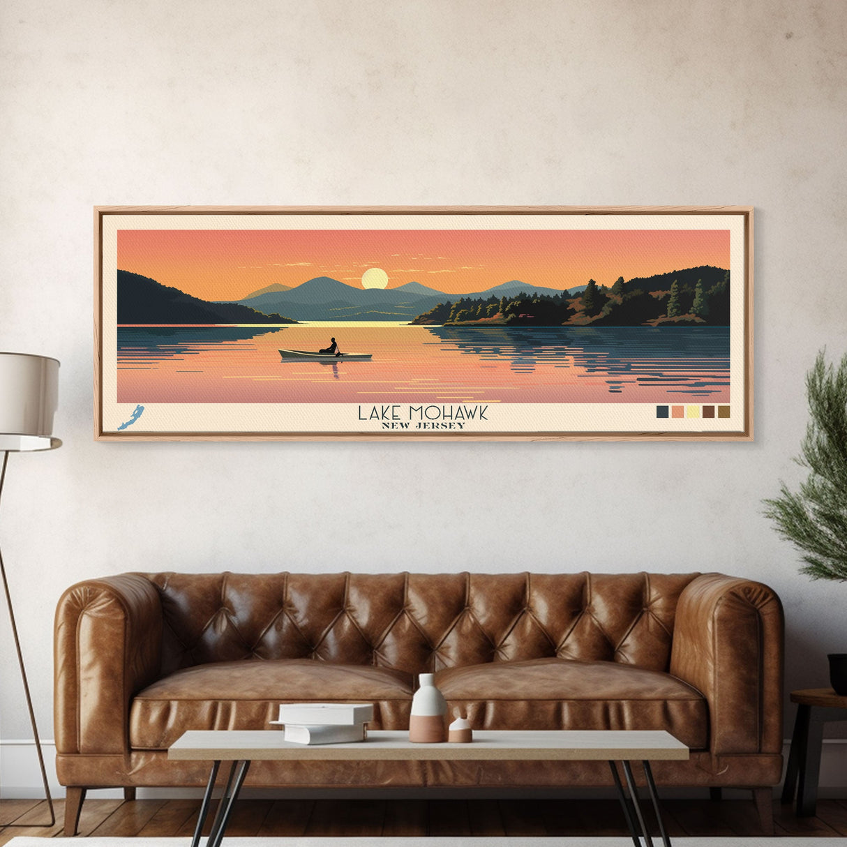 Lake Mohawk New Jersey Framed Canvas Print, Panoramic Wall Art, Midcentury Modern, Pop Art, Living Room Decor, Travel Poster