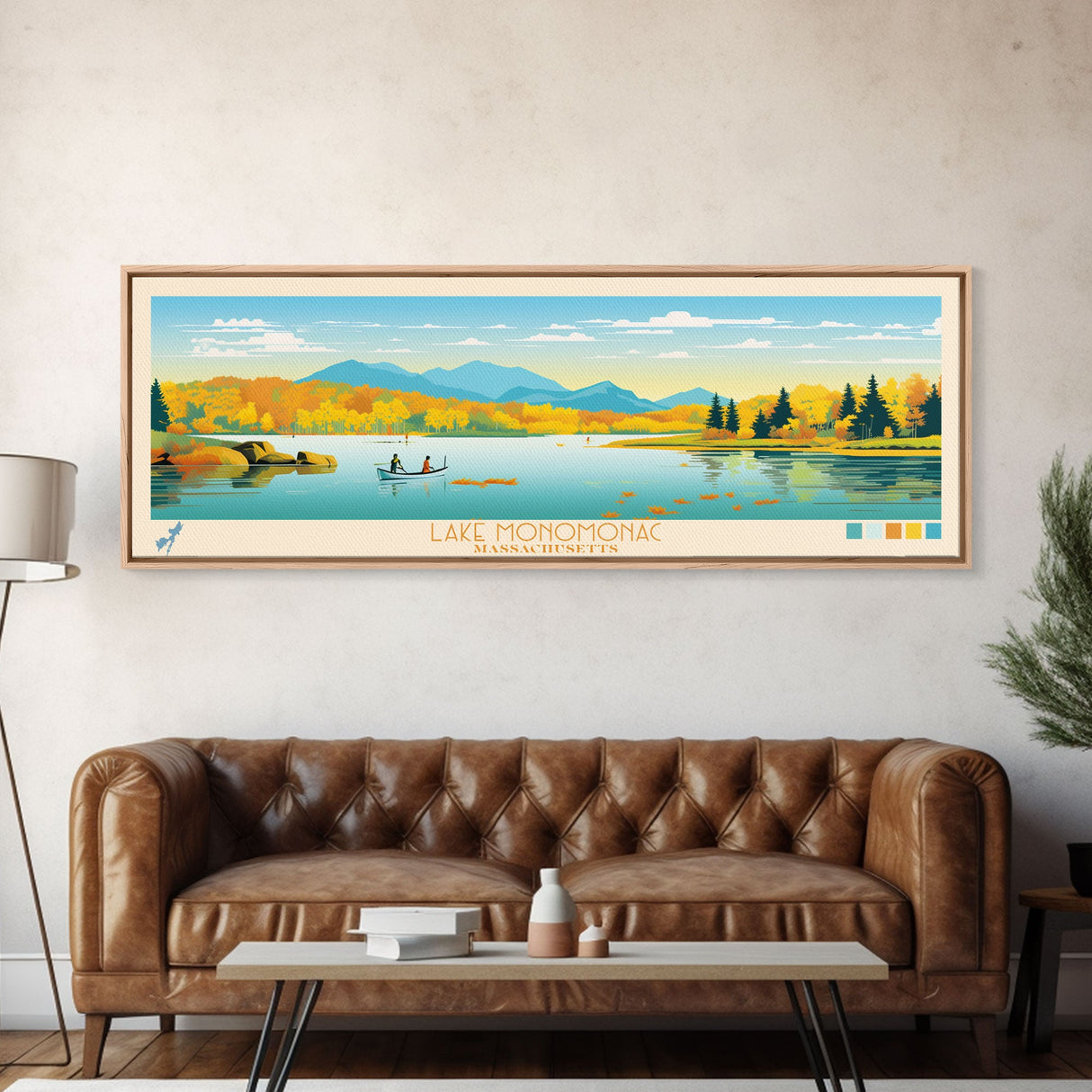 Lake Monomonac Massachusetts Framed Canvas Print, Panoramic Wall Art, Midcentury Modern, Pop Art, Bedroom Art, Travel Poster, Lake House Decor