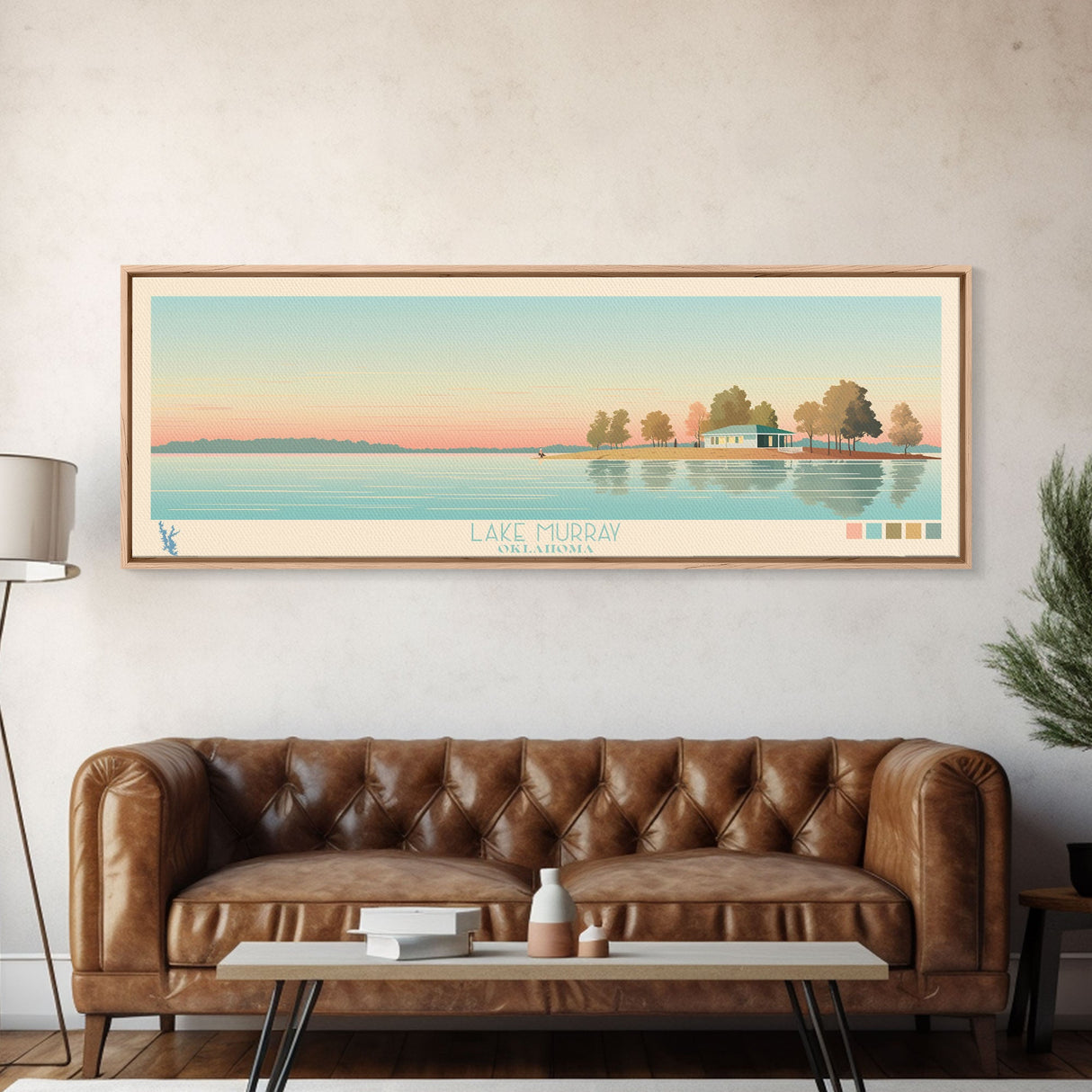 Lake Murray Oklahoma Framed Canvas Print, Panoramic Wall Art, Midcentury Modern, Pop Art, Living Room Decor, Travel Poster