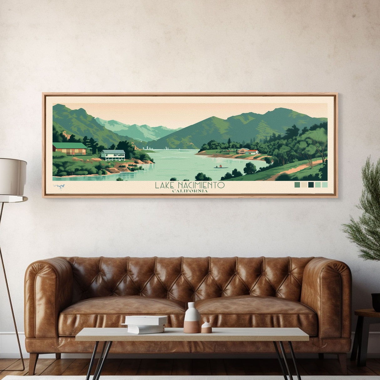 Lake Nacimiento California Framed Canvas Print, Panoramic Wall Art, Midcentury Modern, Pop Art, Living Room Decor, Travel Poster, Lake House Art