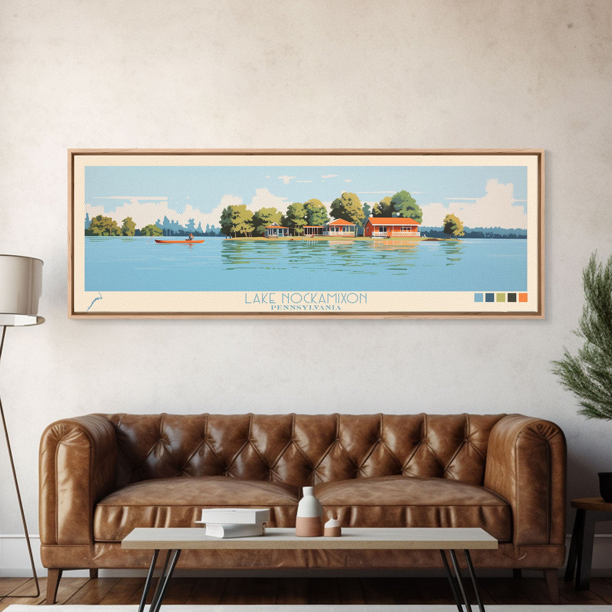 Lake Nockamixon Pennsylvania Framed Canvas Print, Panoramic Wall Art, Midcentury Modern, Pop Art, Living Room Decor, Travel Poster, Lake House Art