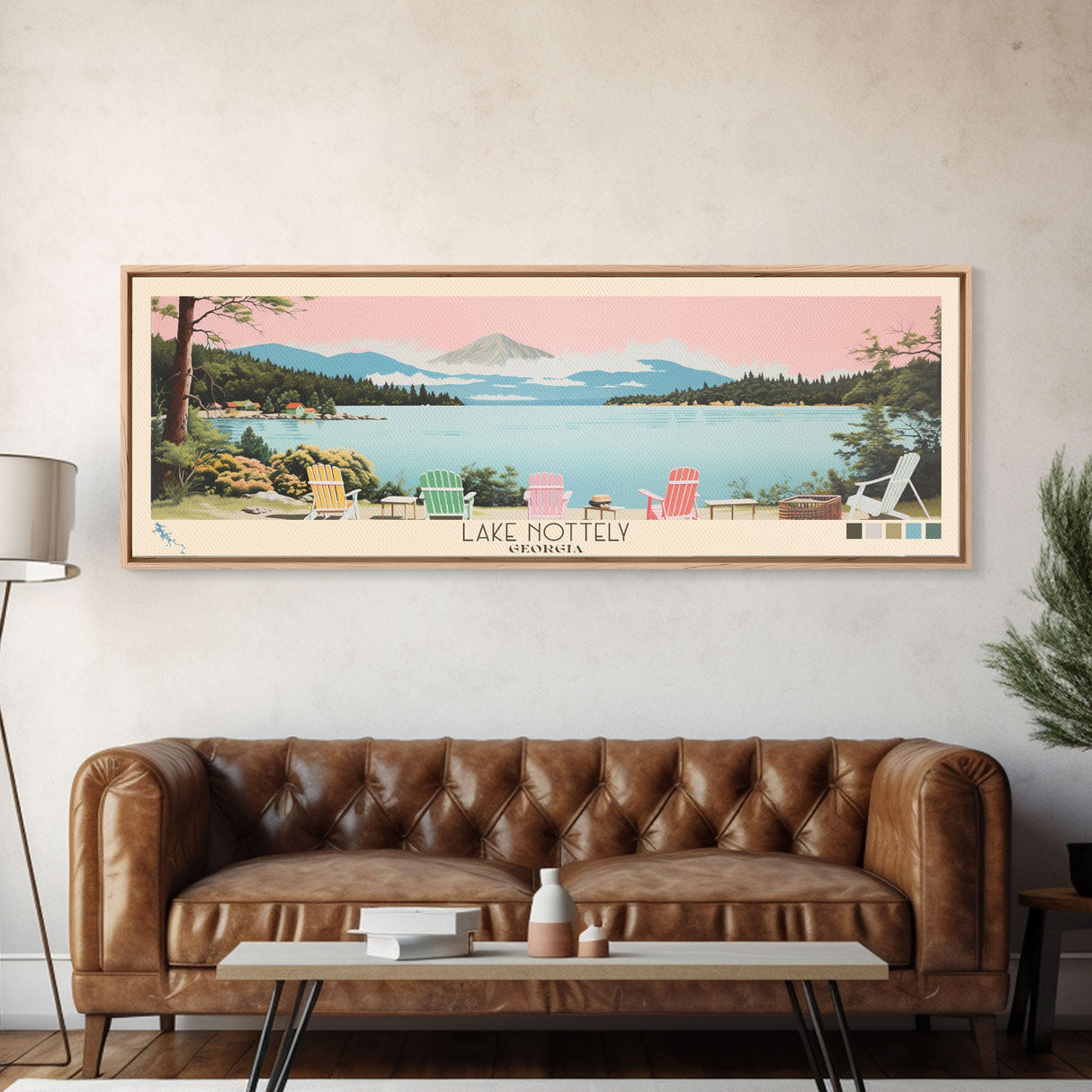 Lake Nottely Georgia Framed Canvas Print, Panoramic Wall Art, Midcentury Modern, Pop Art, Living Room Decor, Travel Poster, Lake House Art