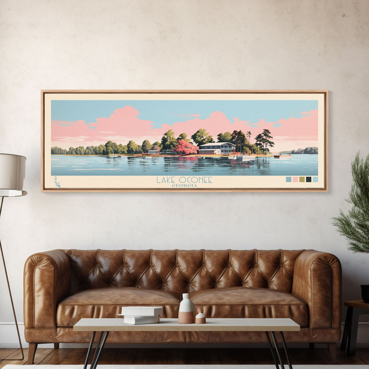 Lake Oconee Georgia Framed Canvas Print, Panoramic Wall Art, Midcentury Modern, Pop Art, Living Room Decor, Travel Poster, Lake House Art