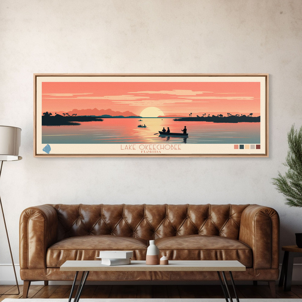 Lake Okeechobee Florida Framed Canvas Print, Panoramic Wall Art, Midcentury Modern, Pop Art, Living Room Decor, Travel Poster, Lake House Art