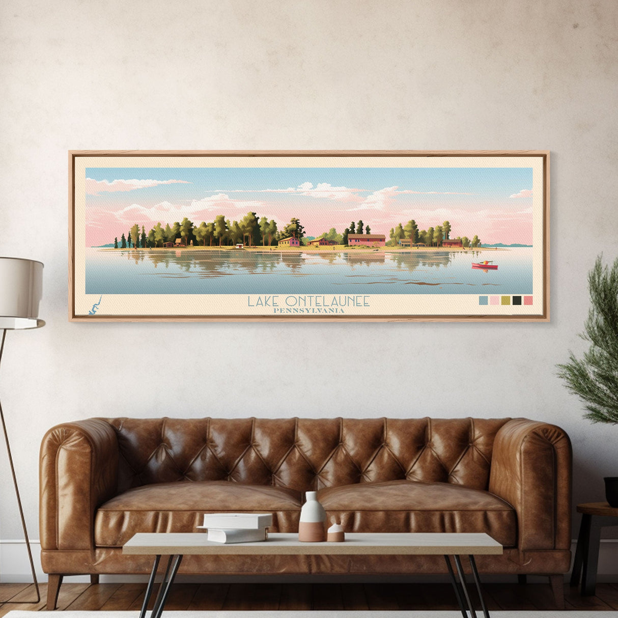 Lake Ontelaunee Pennsylvania Framed Canvas Print, Panoramic Wall Art, Midcentury Modern, Pop Art, Living Room Decor, Travel Poster, Lake House Art