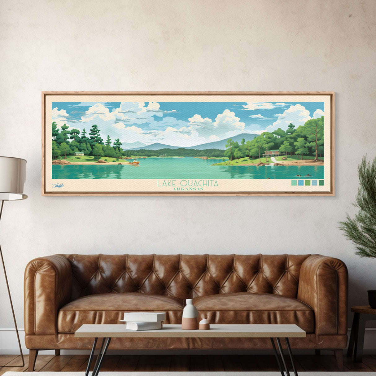 Lake Ouachita Arkansas Framed Canvas Print, Panoramic Wall Art, Midcentury Modern, Pop Art, Living Room Decor, Travel Poster, Lake House Art