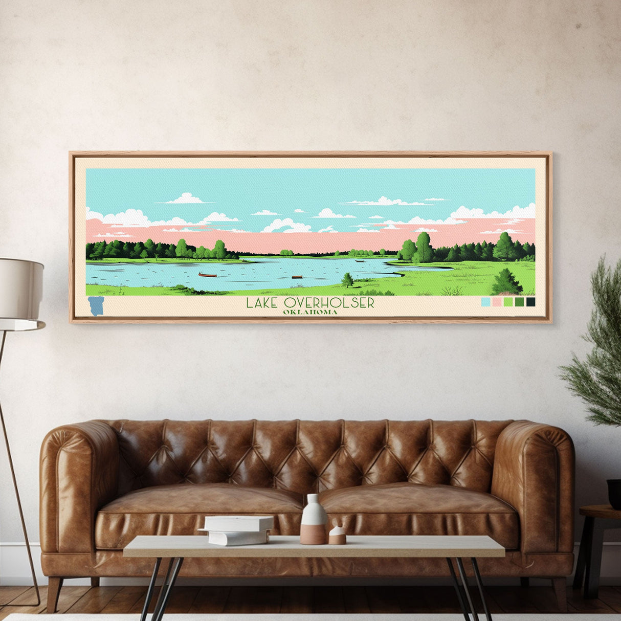 Lake Overholser Oklahoma Framed Canvas Print, Panoramic Wall Art, Midcentury Modern, Pop Art, Bedroom Art, Travel Poster, Lake House Decor