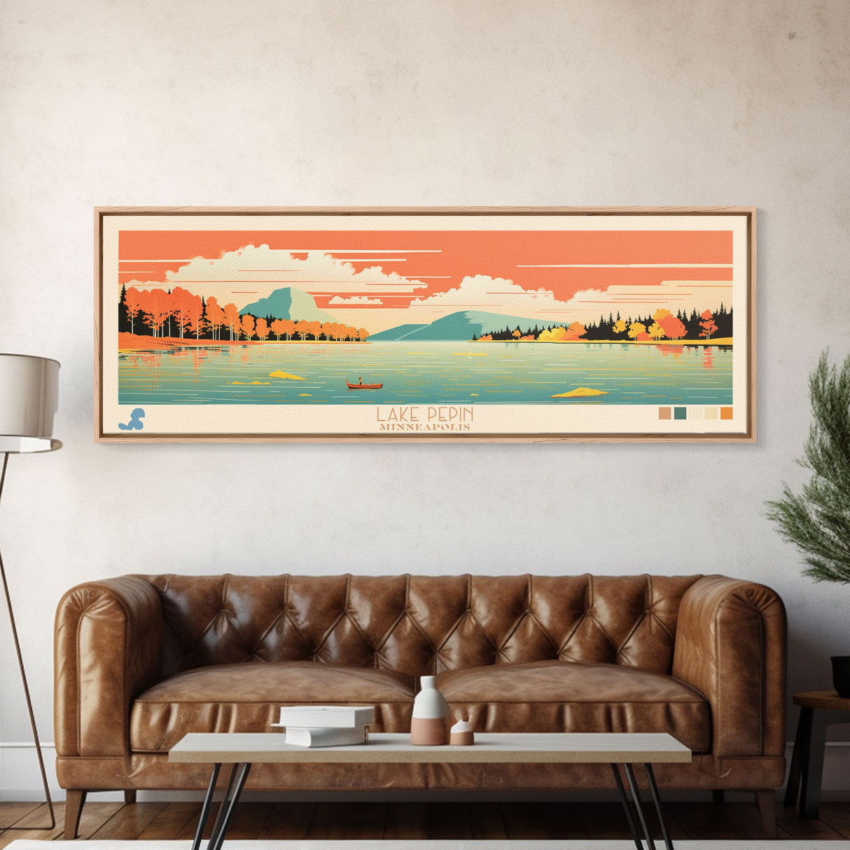 Lake Pepin Minneapolis Framed Canvas Print, Panoramic Wall Art, Midcentury Modern, Pop Art, Bedroom Art, Travel Poster, Lake House Decor