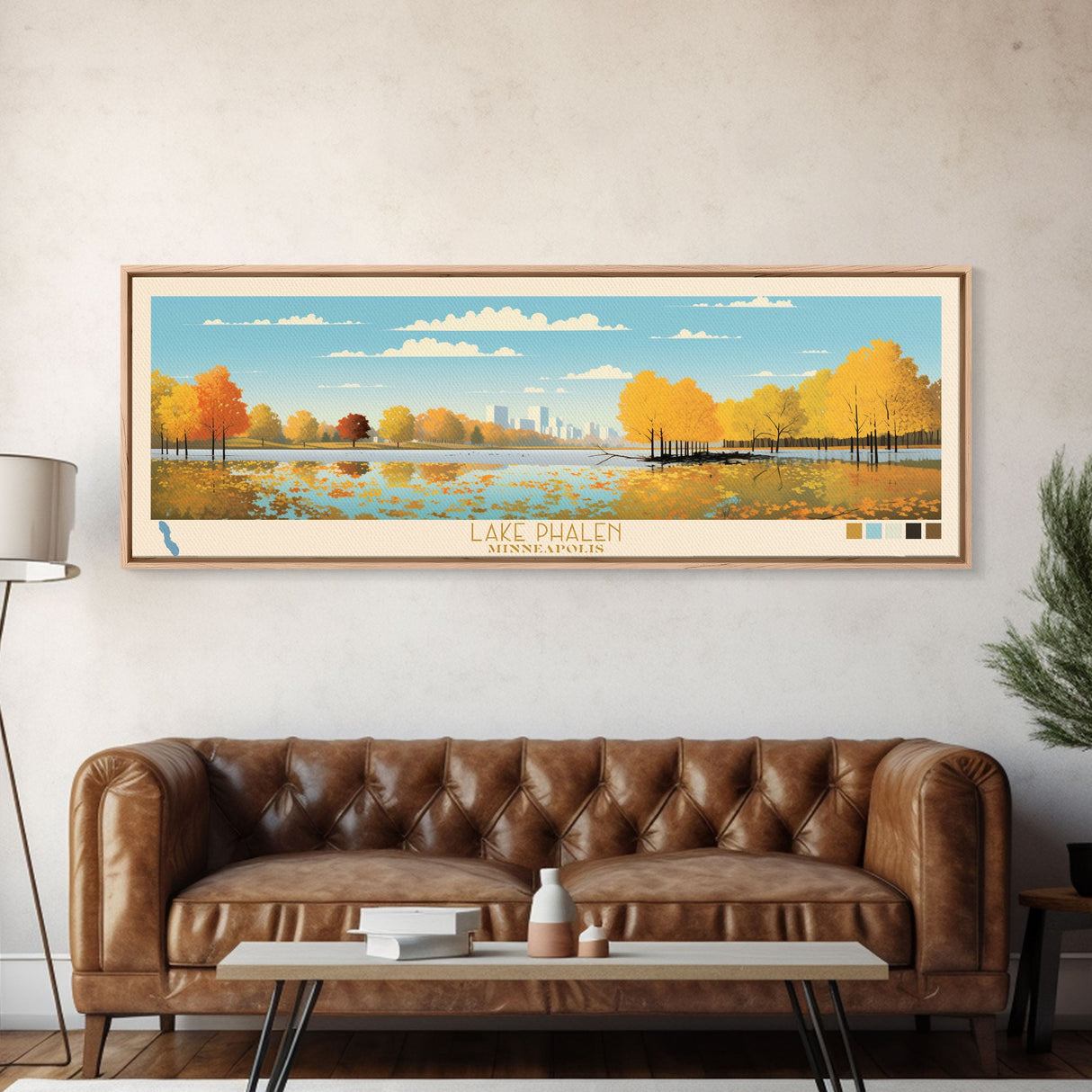 Lake Phalen Minneapolis Framed Canvas Print, Panoramic Wall Art, Midcentury Modern, Pop Art, Living Room Decor, Travel Poster, Lake House Art