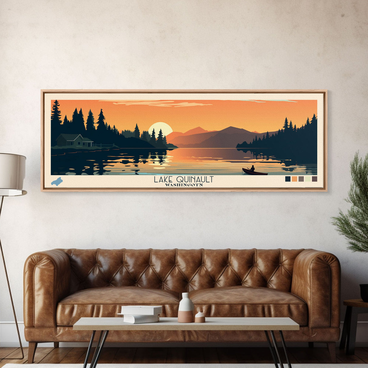 Lake Quinault Washington Framed Canvas Print, Panoramic Wall Art, Midcentury Modern, Pop Art, Living Room Decor, Travel Poster, Lake House Art