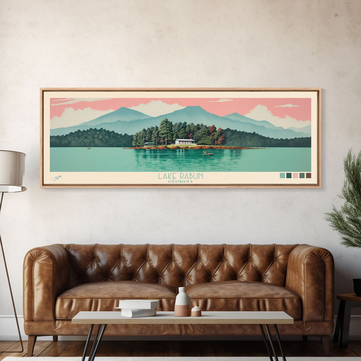 Lake Rabun Georgia Framed Canvas Print, Panoramic Wall Art, Midcentury Modern, Pop Art, Living Room Decor, Travel Poster, Lake House Art