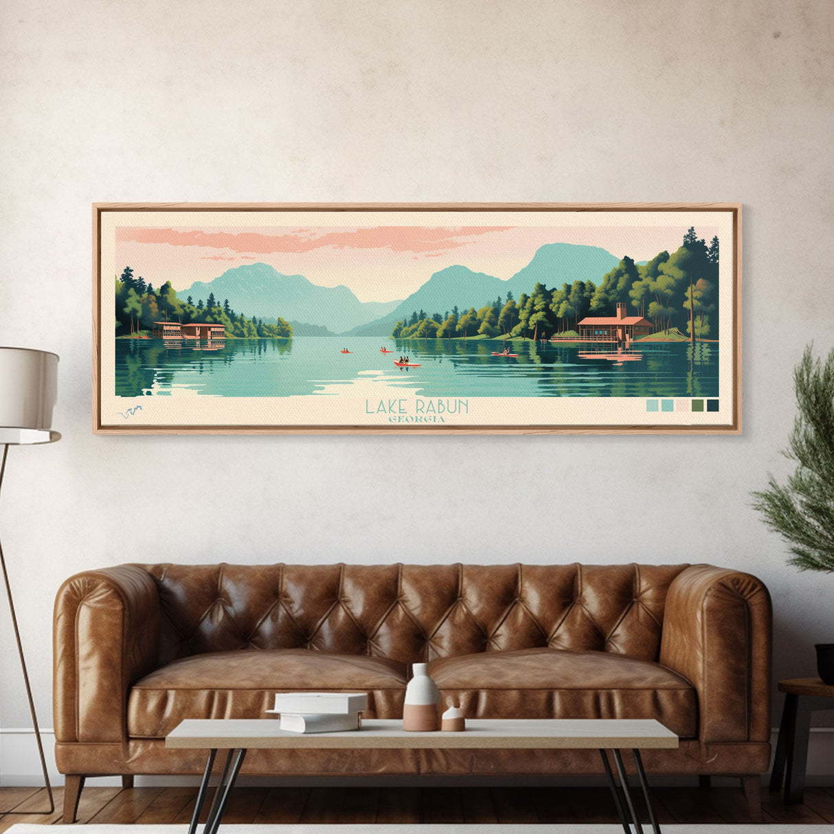 Lake Rabun Georgia Framed Canvas Print, Panoramic Wall Art, Midcentury Modern, Pop Art, Bedroom Art, Travel Poster, Lake House Decor