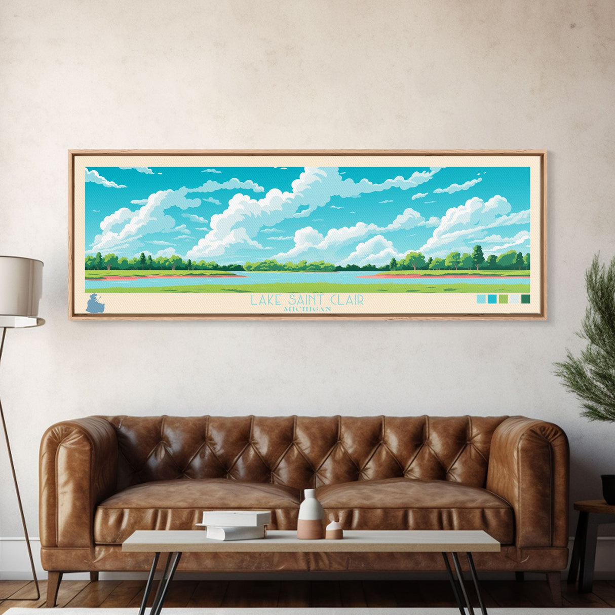 Lake Saint Clair Michigan Framed Canvas Print, Panoramic Wall Art, Midcentury Modern, Pop Art, Bedroom Art, Travel Poster, Lake House Decor