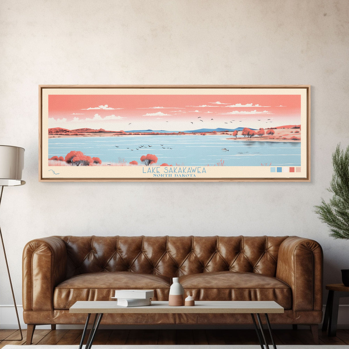 Lake Sakakawea North Dakota Framed Canvas Print, Panoramic Wall Art, Midcentury Modern, Pop Art, Living Room Decor, Travel Poster, Lake House Art