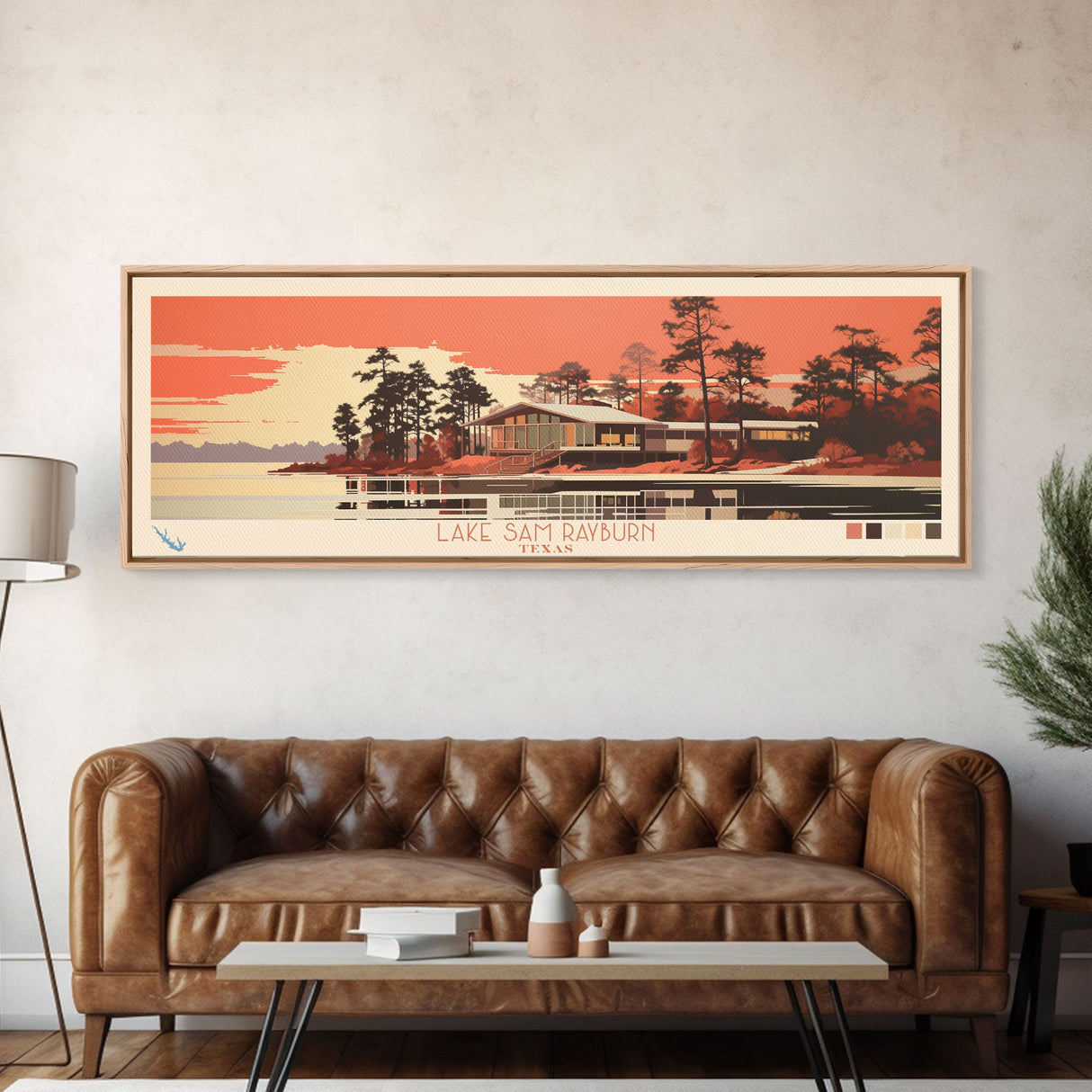 Lake Sam Rayburn Texas Framed Canvas Print, Panoramic Wall Art, Midcentury Modern, Pop Art, Living Room Decor, Travel Poster, Lake House Art