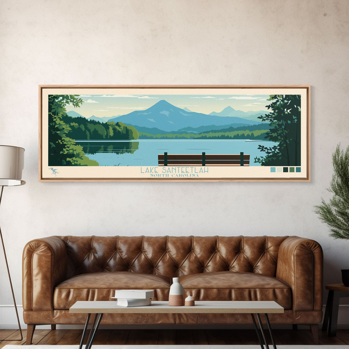 Lake Santeetlah North Carolina Framed Canvas Print, Panoramic Wall Art, Midcentury Modern, Pop Art, Living Room Decor, Travel Poster, Lake House Art