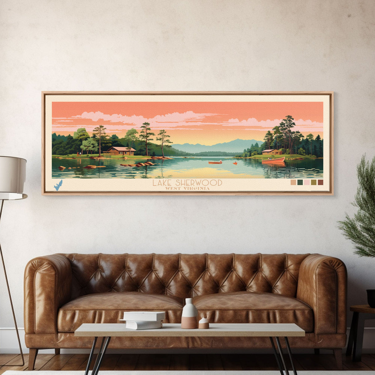 Lake Sherwood West Virginia Framed Canvas Print, Panoramic Wall Art, Midcentury Modern, Pop Art, Living Room Decor, Travel Poster, Lake House Art