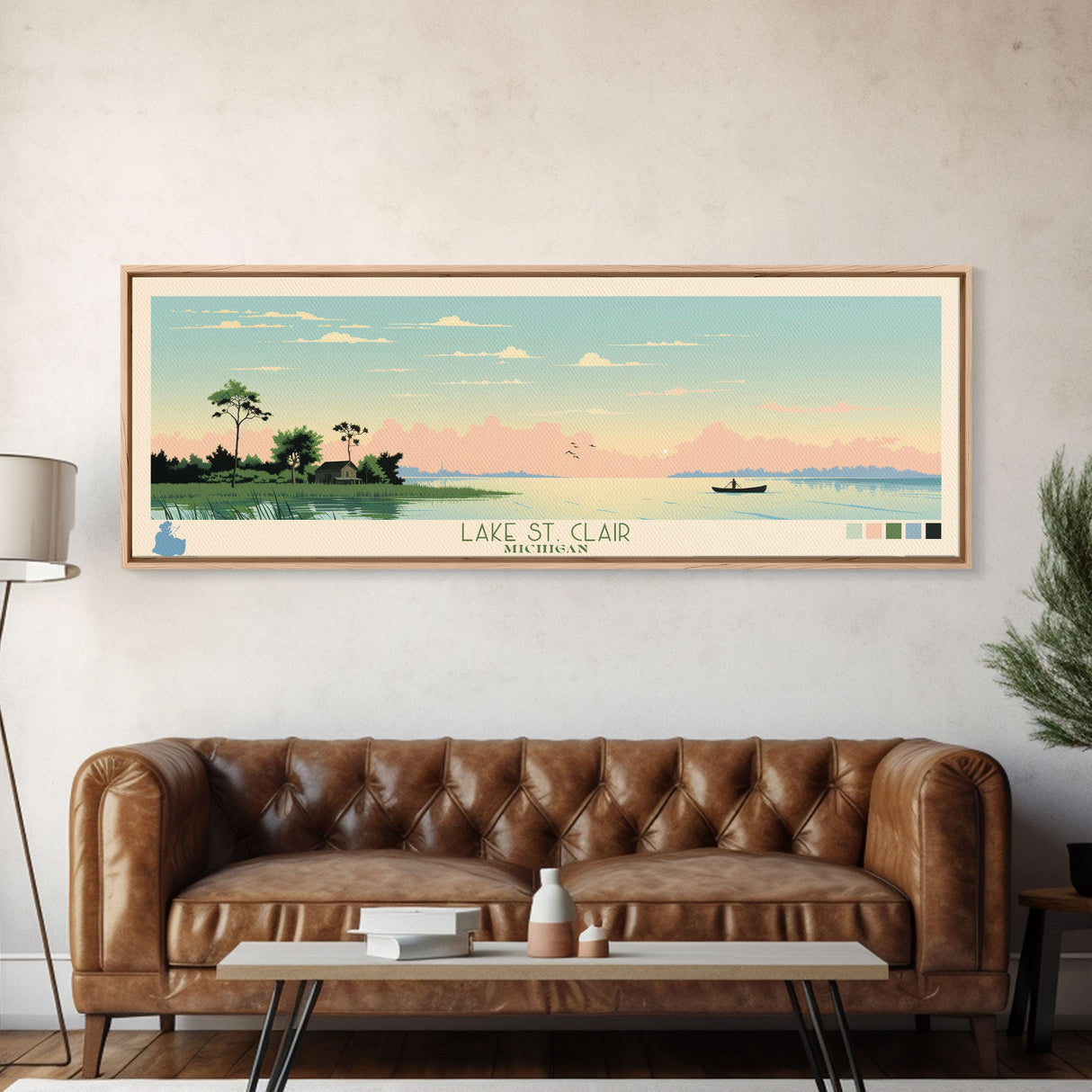 Lake St. Clair Michigan Framed Canvas Print, Panoramic Wall Art, Midcentury Modern, Pop Art, Bedroom Art, Travel Poster, Lake House Decor