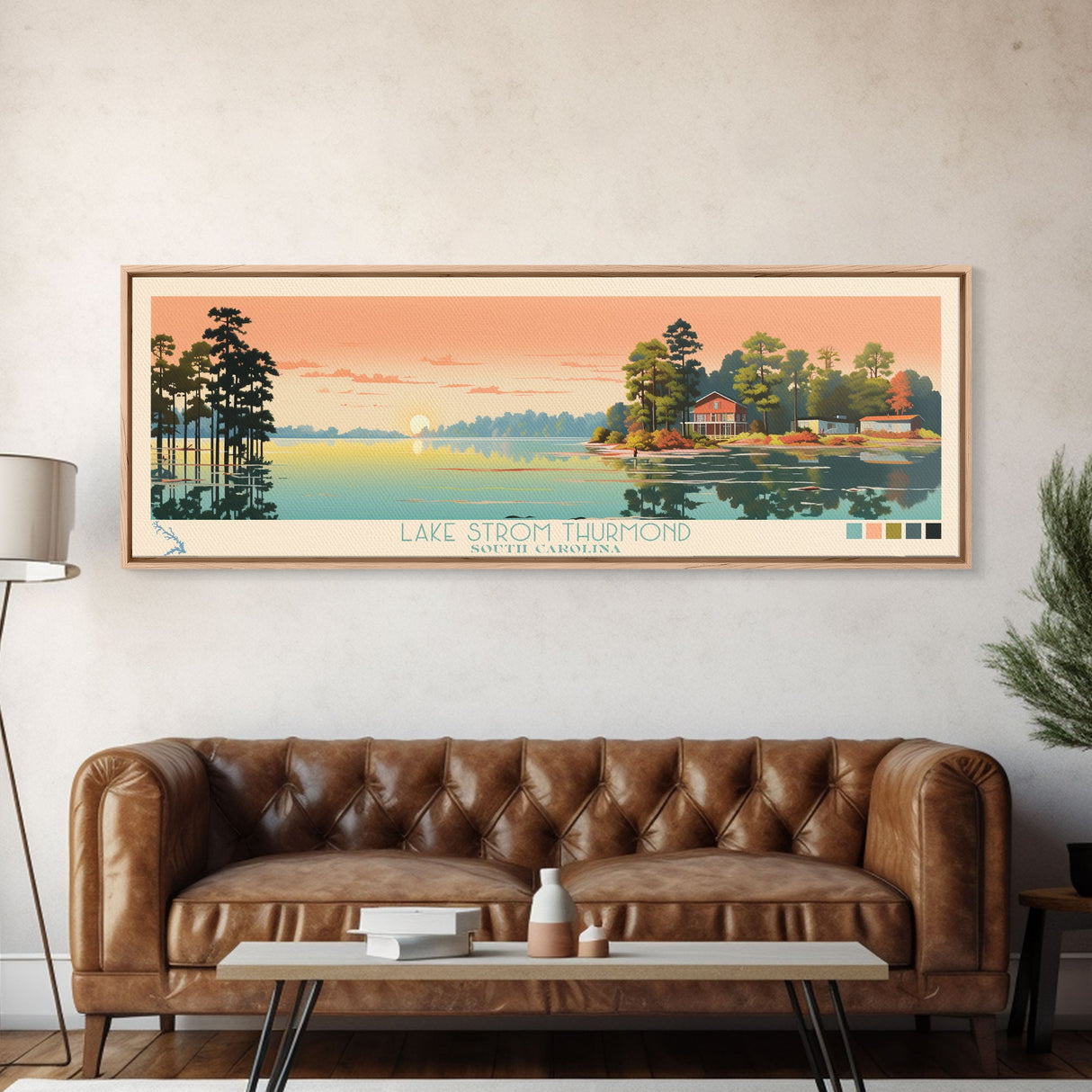 Lake Strom Thurmond South Carolina Framed Canvas Print, Panoramic Wall Art, Midcentury Modern, Pop Art, Living Room Decor, Travel Poster, Lake House Art