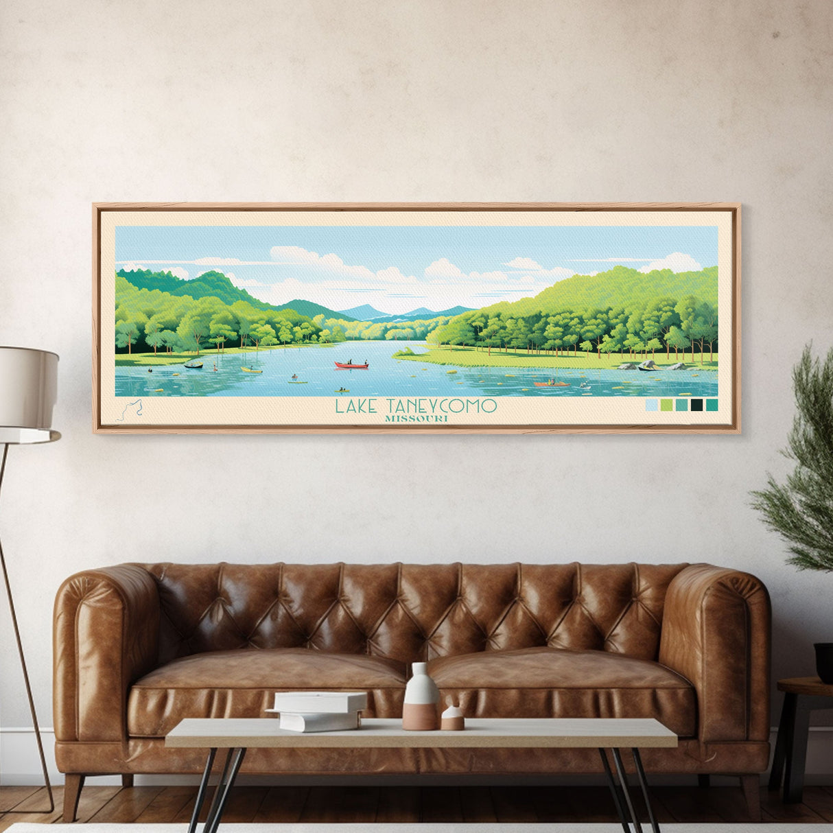 Lake Taneycomo Missouri Framed Canvas Print, Panoramic Wall Art, Midcentury Modern, Pop Art, Bedroom Art, Travel Poster, Lake House Decor