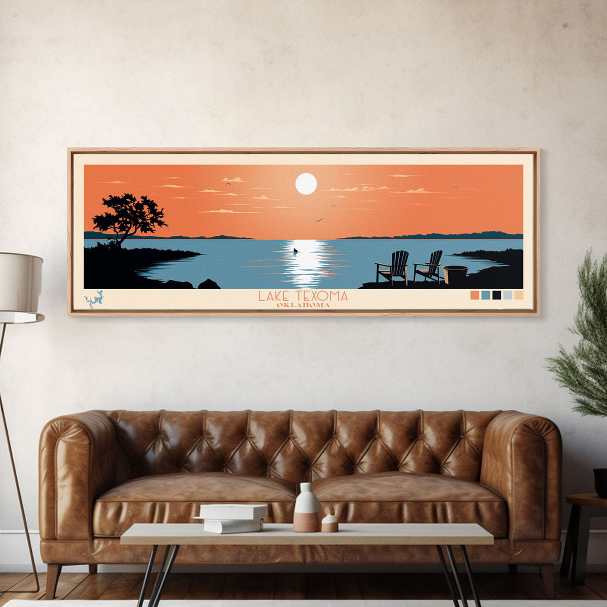 Lake Texoma Texas Framed Canvas Print, Panoramic Wall Art, Midcentury Modern, Pop Art, Living Room Decor, Travel Poster, Lake House Art