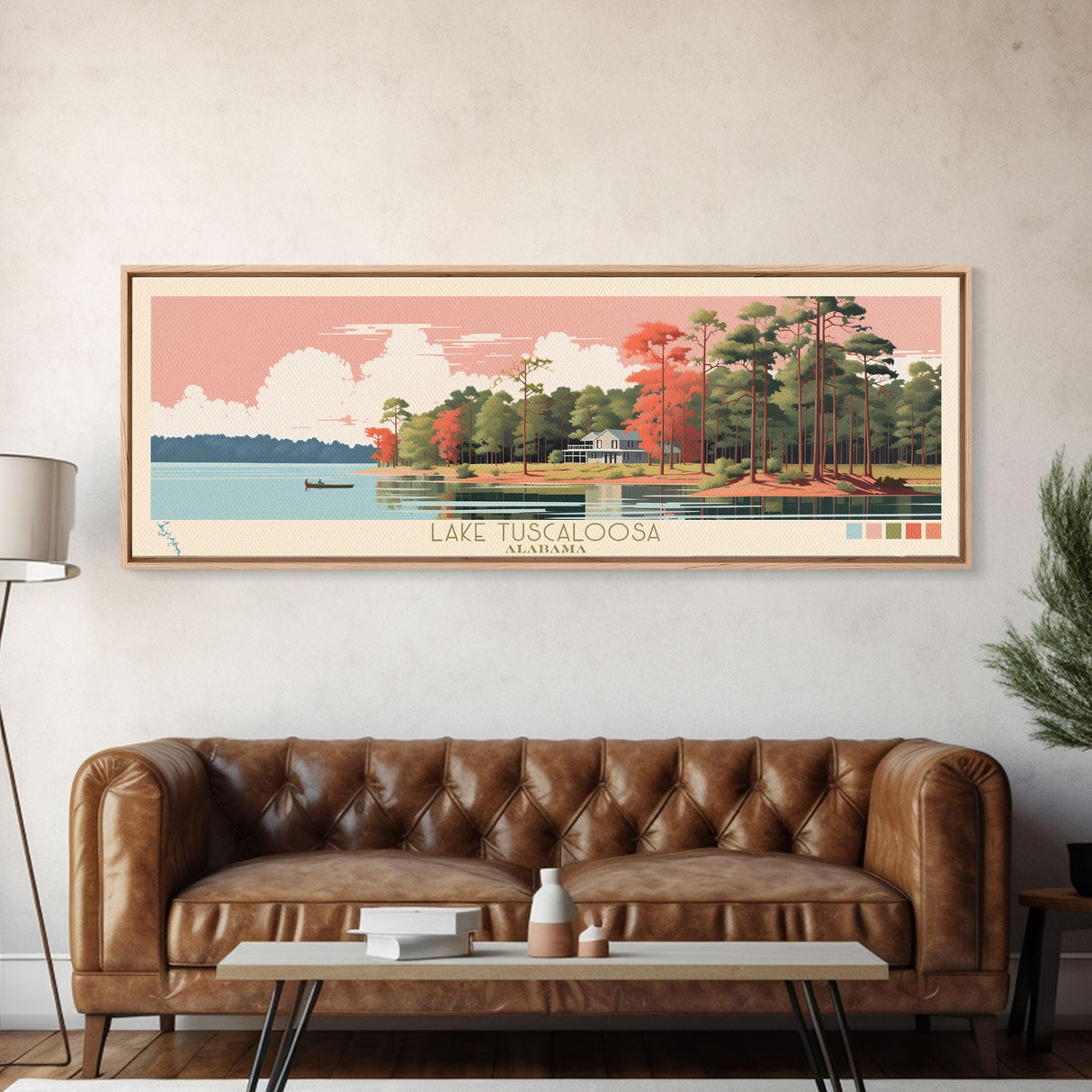 Lake Tuscaloosa, Alabama Panoramic Wall Art Framed Canvas Print, Midcentury Modern, Pop Art, Home Decor, Travel Poster, Bedroom Art