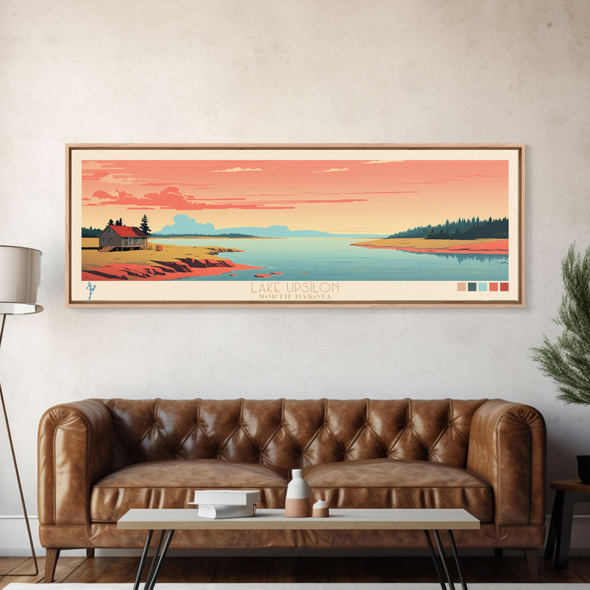 Lake Upsilon, North Dakota Panoramic Wall Art Framed Canvas Print, Midcentury Modern, Pop Art, Home Decor, Travel Poster, Living Room Art