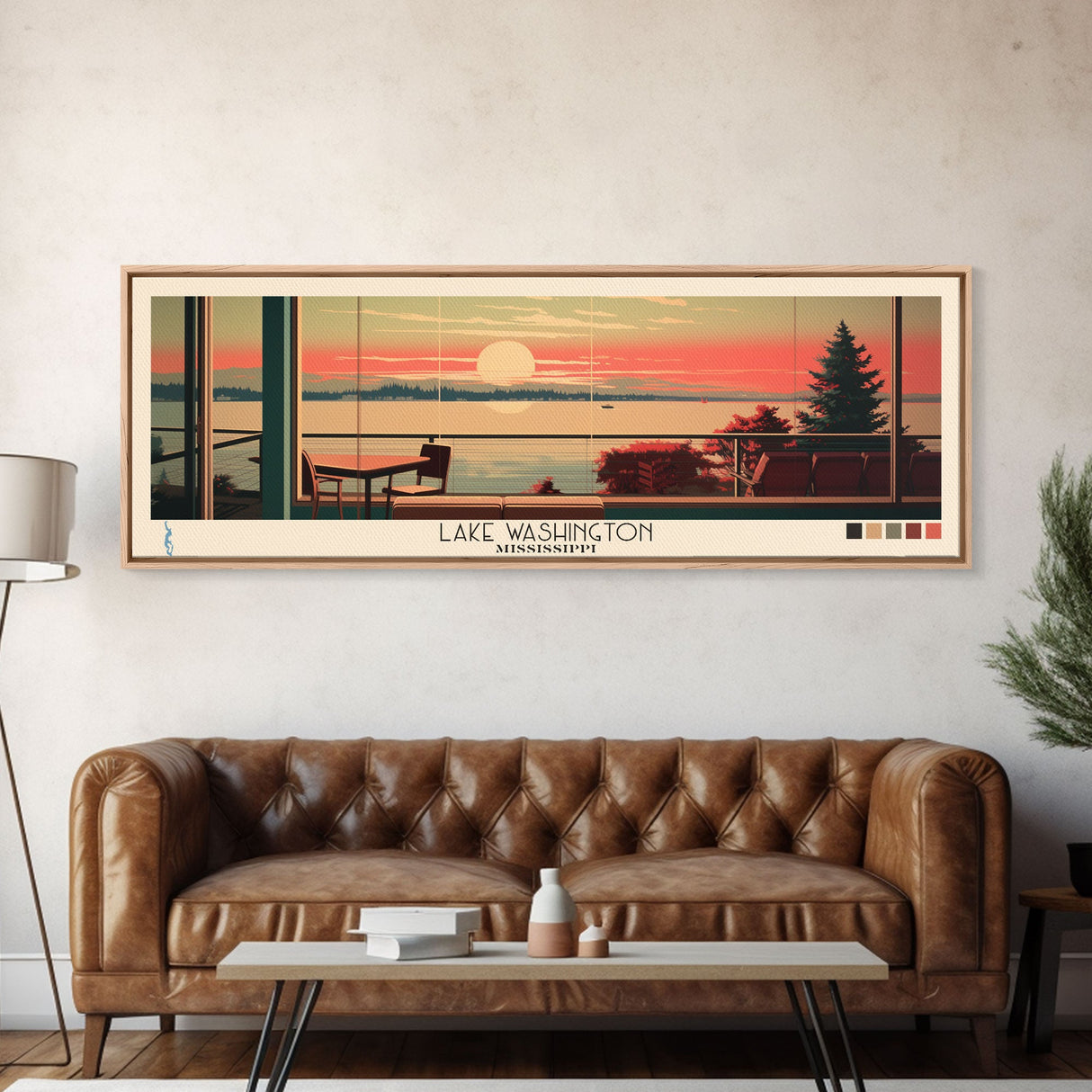 Lake Washington, Washington Panoramic Wall Art Framed Canvas Print, Midcentury Modern, Pop Art, Home Decor, Travel Poster, Living Room Art