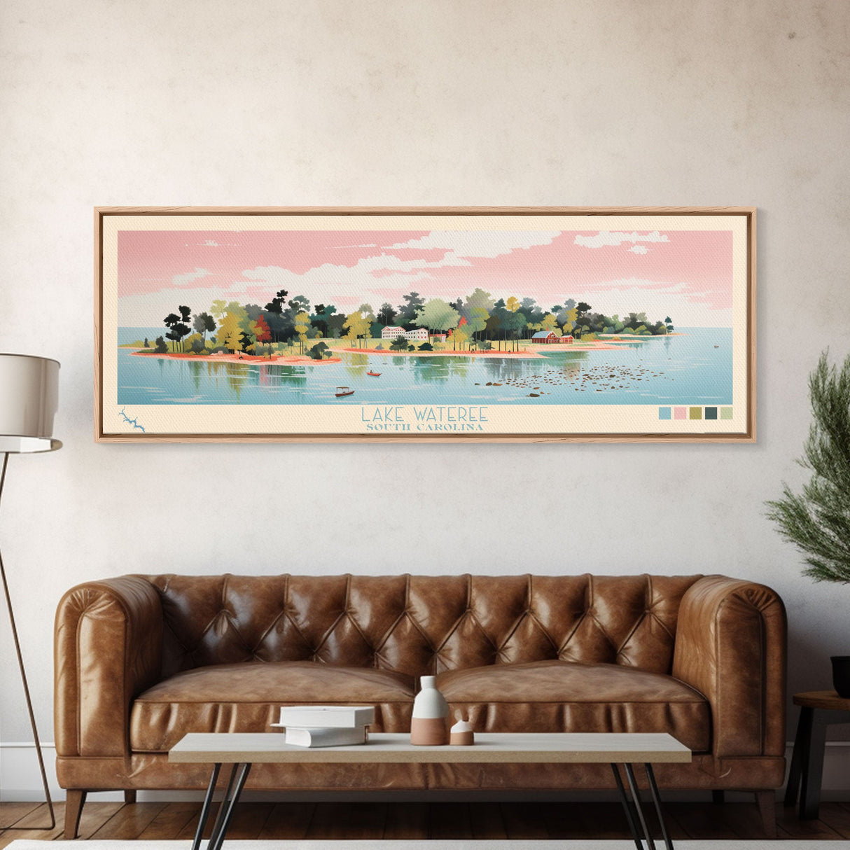 Lake Wateree, South Carolina Panoramic Wall Art Framed Canvas Print, Midcentury Modern, Pop Art, Home Decor, Travel Poster, Living Room Art