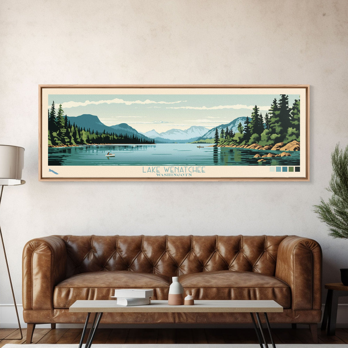 Lake Wenatchee, Washington Panoramic Wall Art Framed Canvas Print, Midcentury Modern, Pop Art, Home Decor, Travel Poster, Bedroom Art