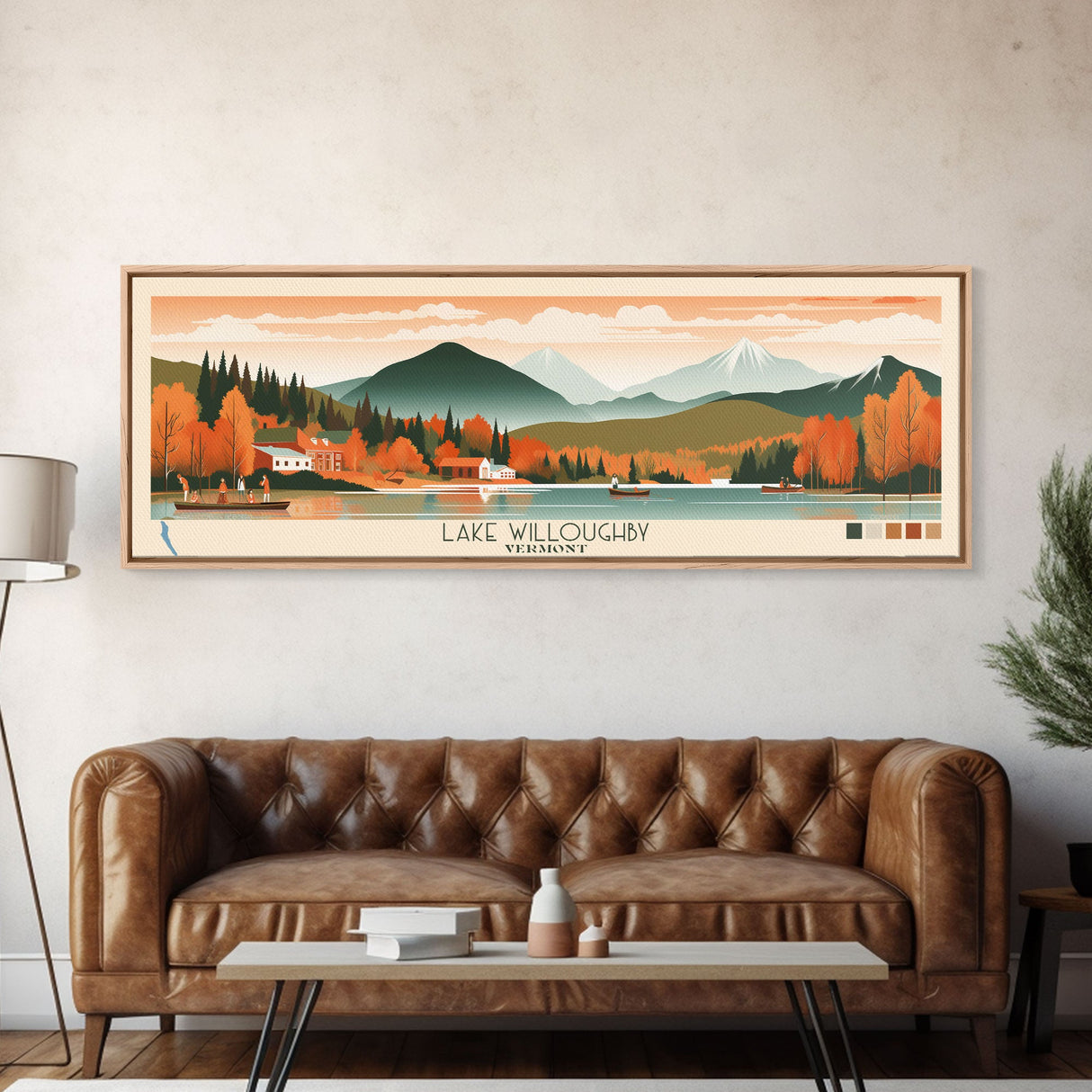 Lake Willoughby, Vermont Panoramic Wall Art Framed Canvas Print, Midcentury Modern, Pop Art, Home Decor, Travel Poster, Living Room Art