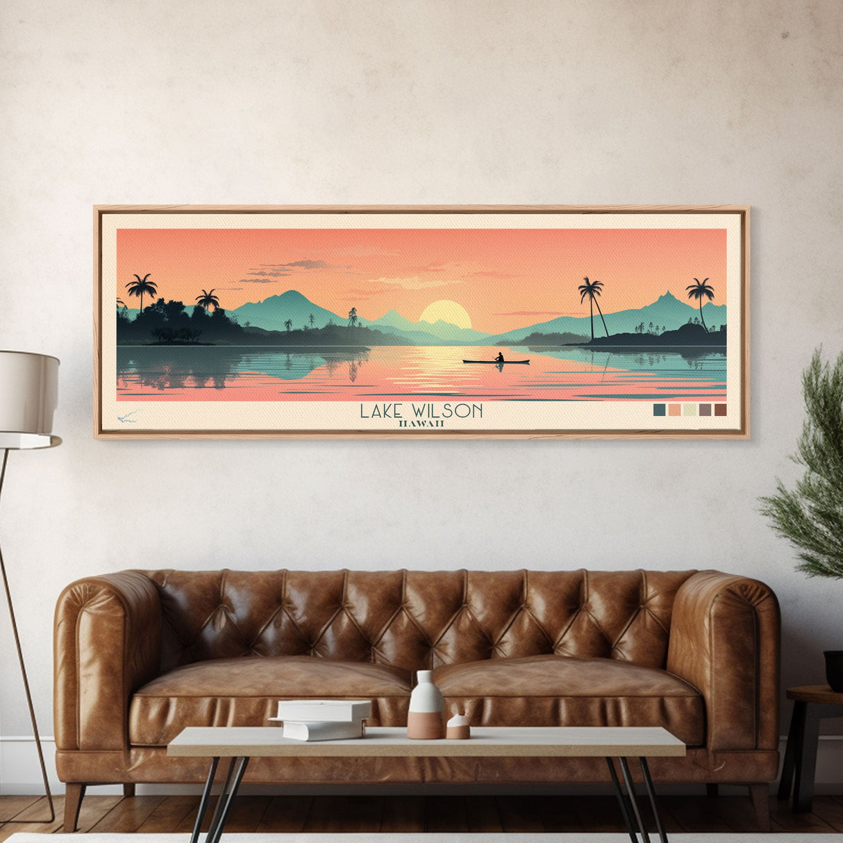 Lake Wilson, Hawaii Panoramic Wall Art Framed Canvas Print, Midcentury Modern, Pop Art, Home Decor, Travel Poster, Living Room Art