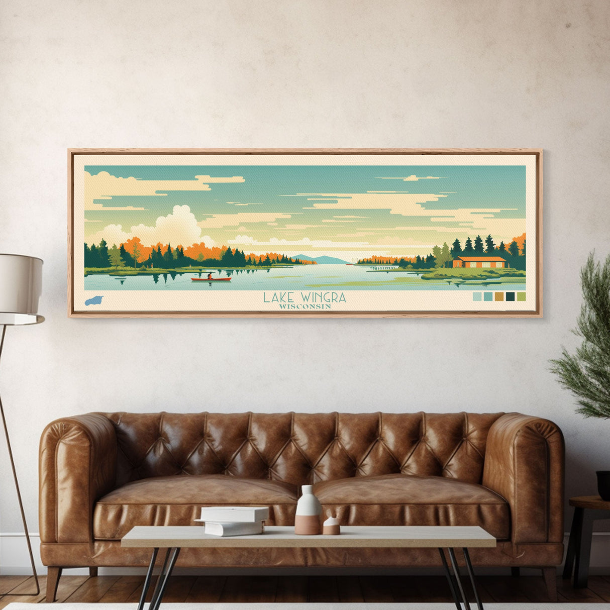 Lake Wingra, Wisconsin Panoramic Wall Art Framed Canvas Print, Midcentury Modern, Pop Art, Home Decor, Travel Poster, Bedroom Art