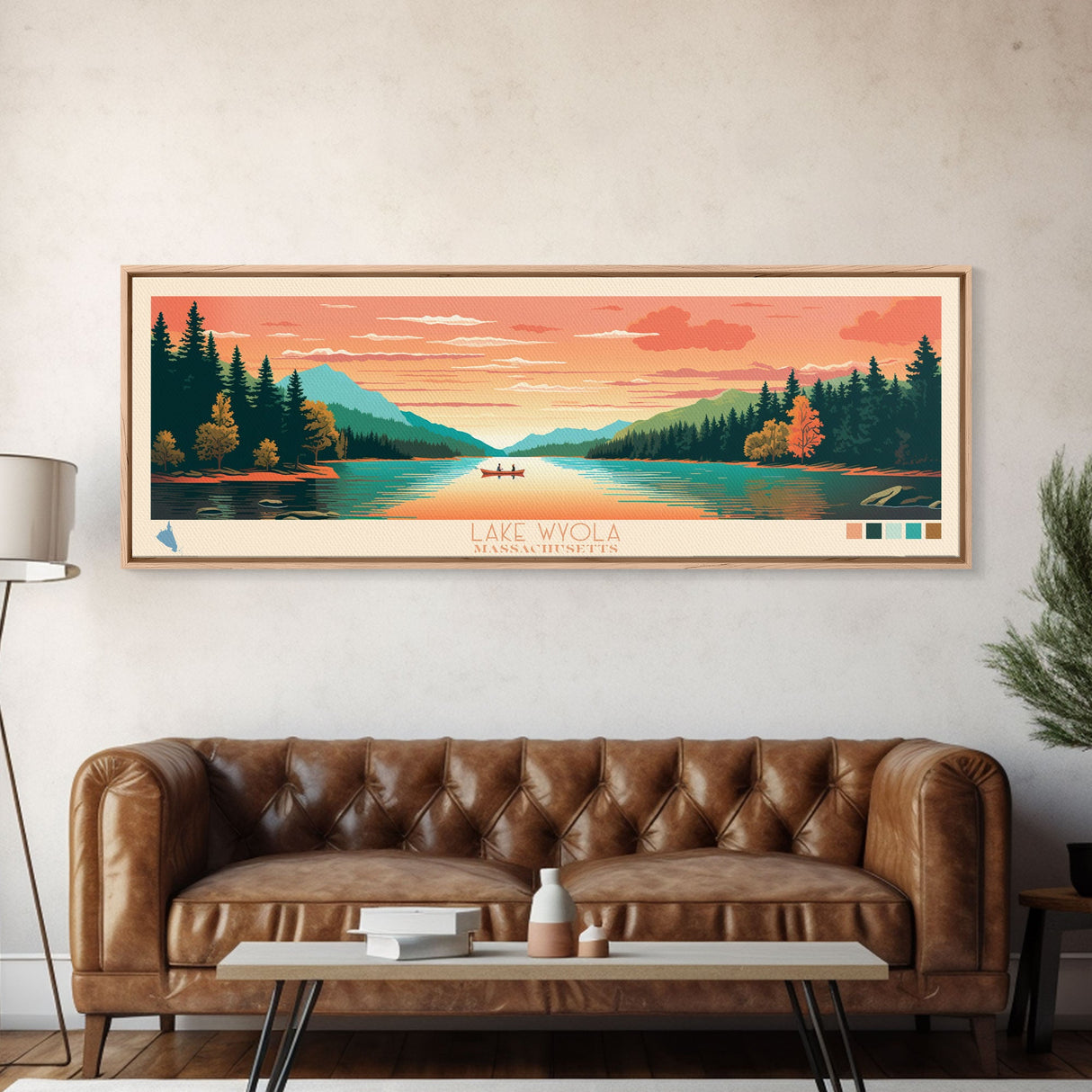 Lake Wyola, Massachusetts Panoramic Wall Art Framed Canvas Print, Midcentury Modern, Pop Art, Home Decor, Travel Poster, Bedroom Art