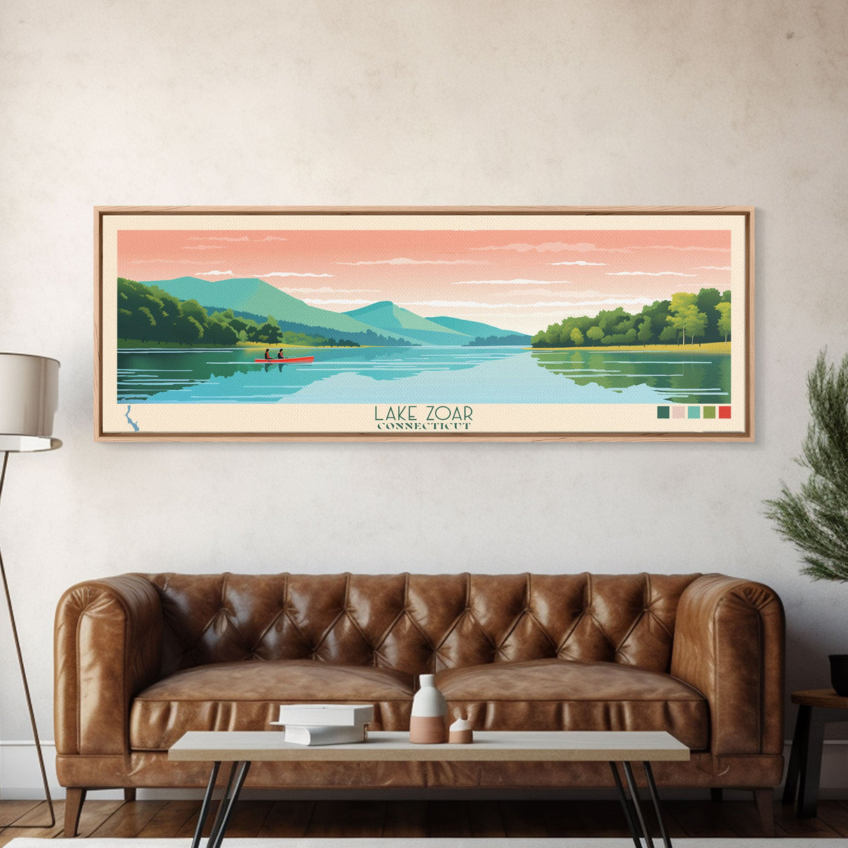 Lake Zoar, Connecticut Panoramic Wall Art Framed Canvas Print, Midcentury Modern, Pop Art, Home Decor, Travel Poster, Living Room Art