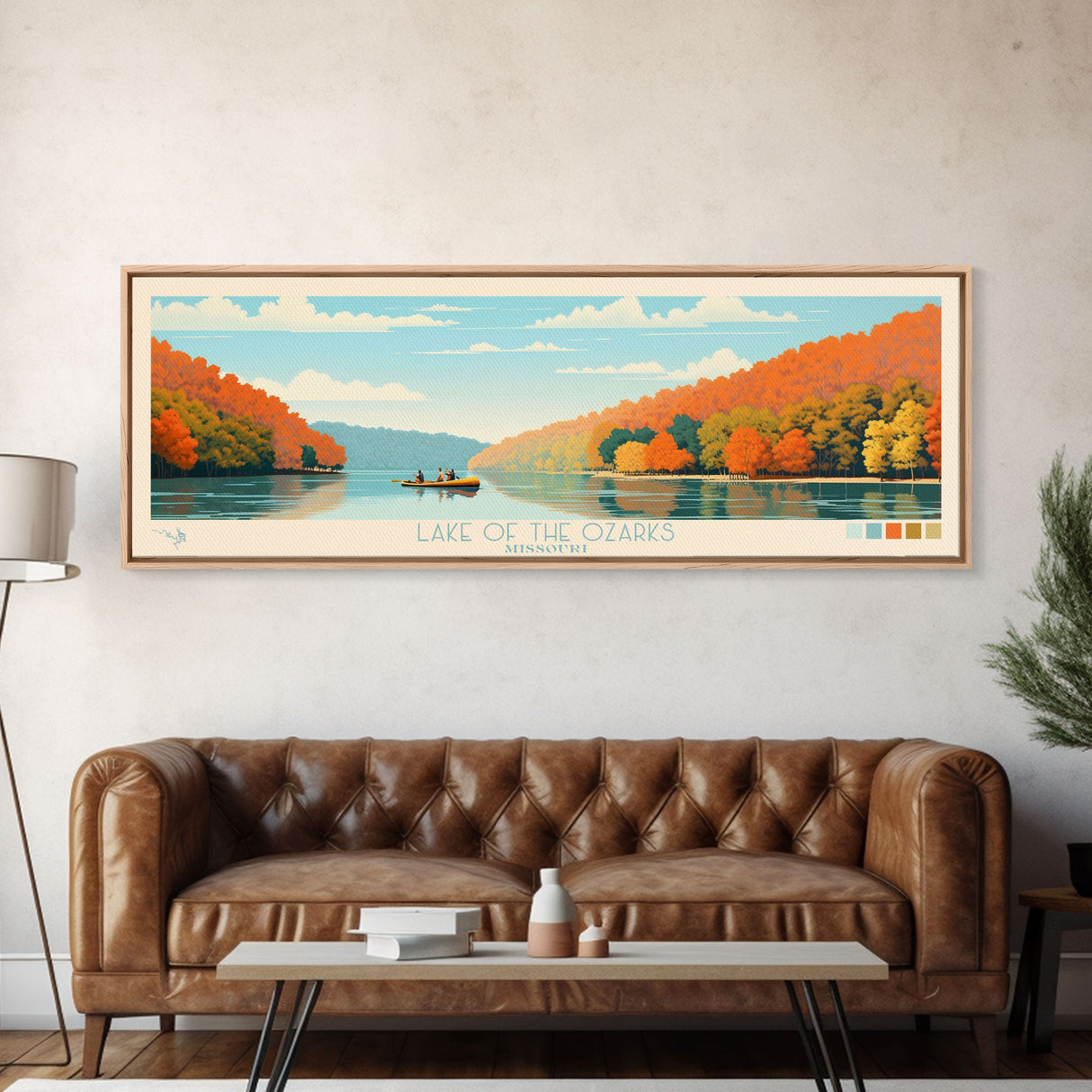 Lake of the Ozarks Missouri Framed Canvas Print, Panoramic Wall Art, Midcentury Modern, Pop Art, Bedroom Art, Travel Poster, Lake House Decor