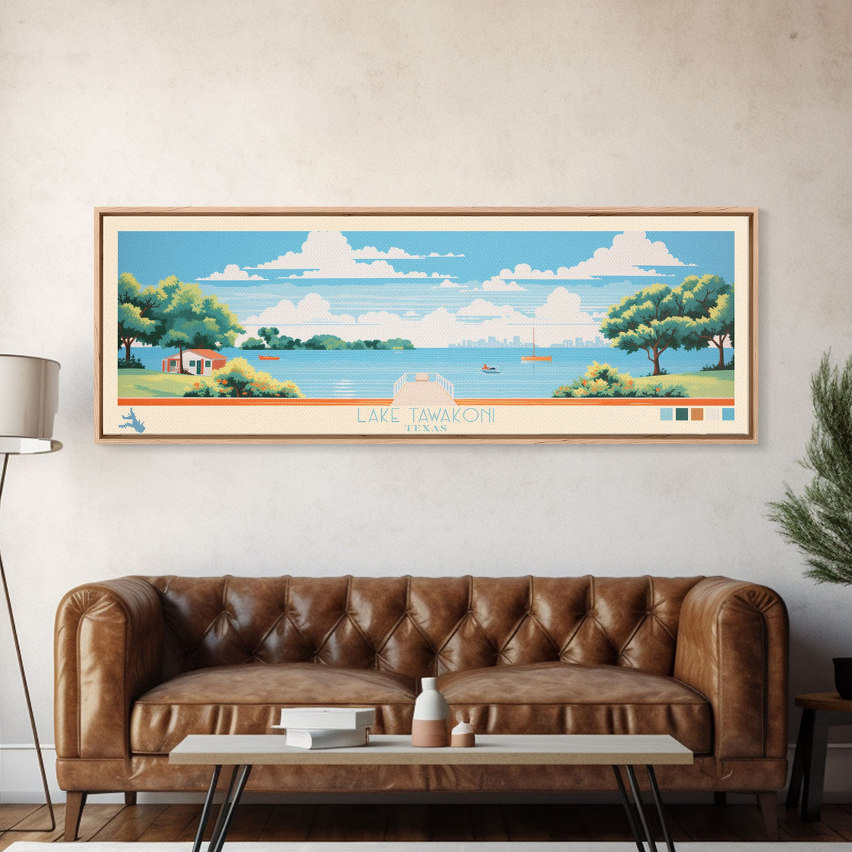 Lake Tawakoni, Texas Panoramic Wall Art Framed Canvas Print, Midcentury Modern, Pop Art, Home Decor, Travel Poster, Bedroom Art