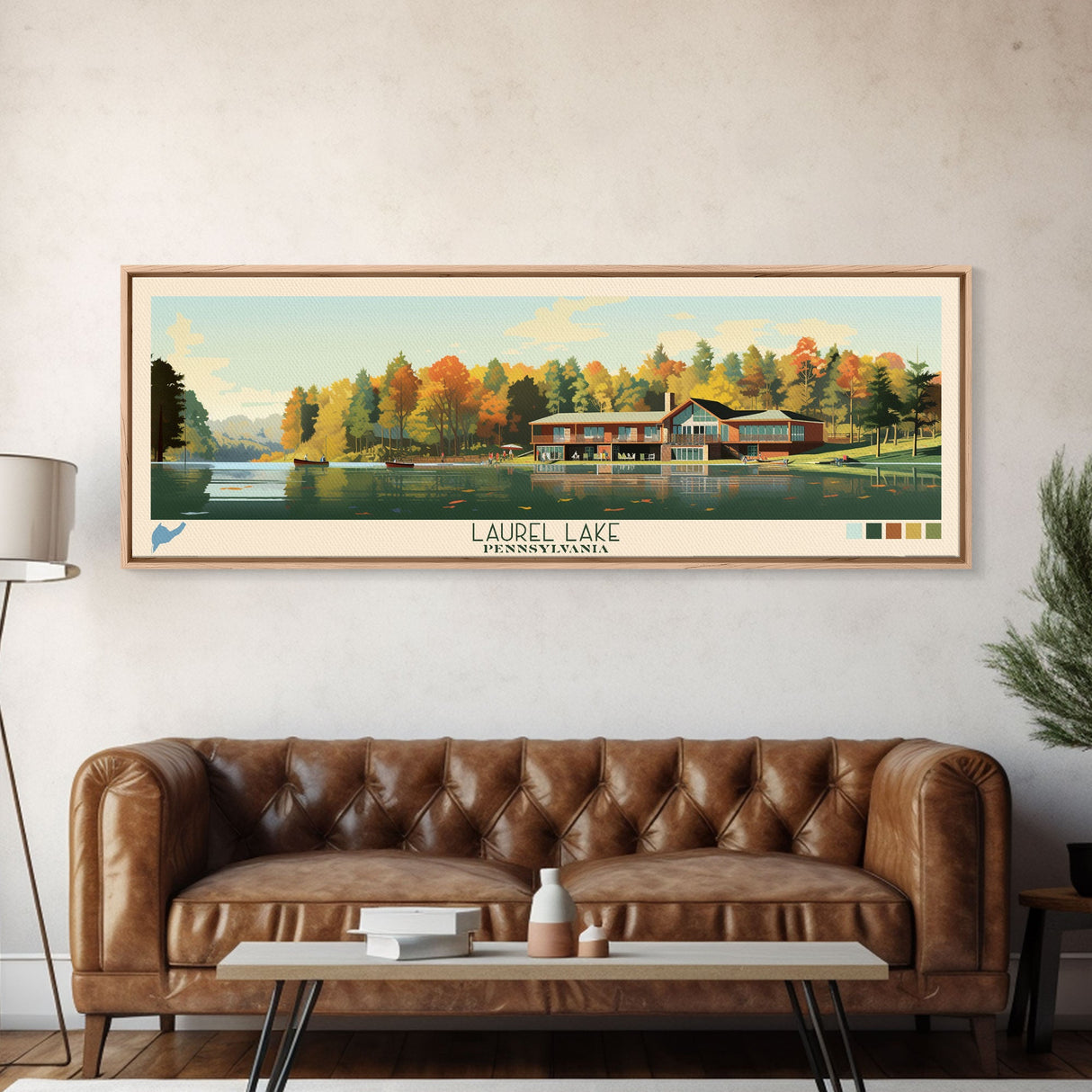 Laurel Lake, Pennsylvania Panoramic Wall Art Framed Canvas Print, Midcentury Modern, Pop Art, Home Decor, Travel Poster, Bedroom Art