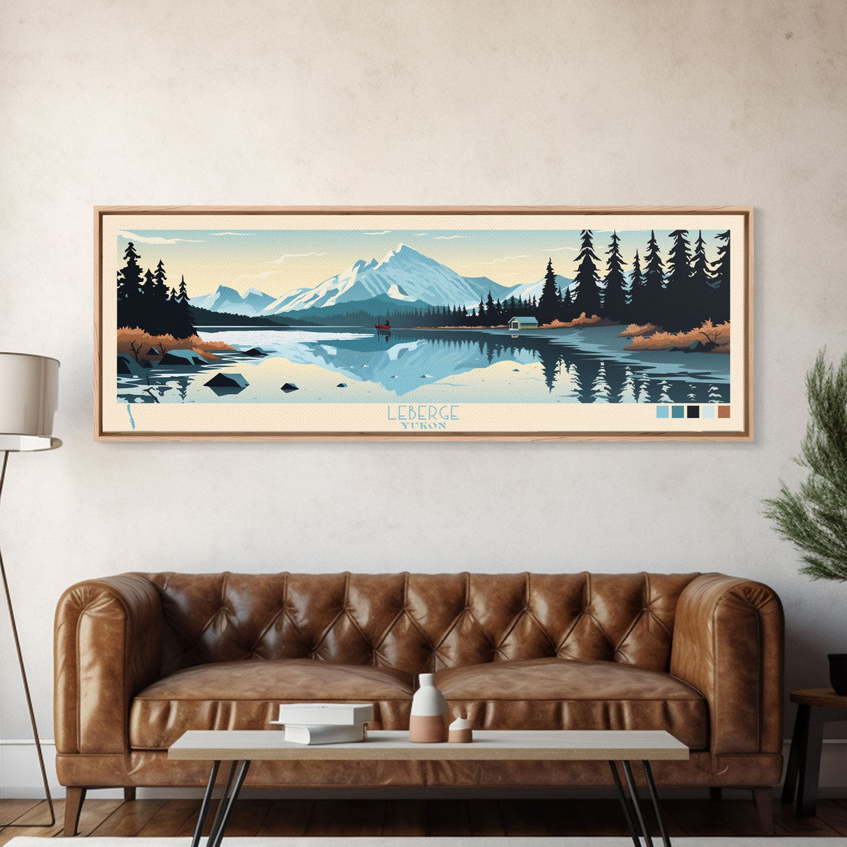 Leberge Lake, Yukon Panoramic Wall Art Framed Canvas Print, Midcentury Modern, Pop Art, Home Decor, Travel Poster, Bedroom Art