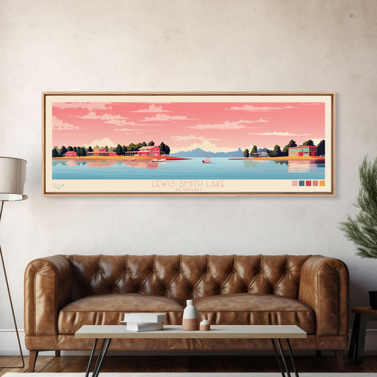 Lewis Smith Lake, Alabama Panoramic Wall Art Framed Canvas Print, Midcentury Modern, Pop Art, Home Decor, Travel Poster, Living Room Art