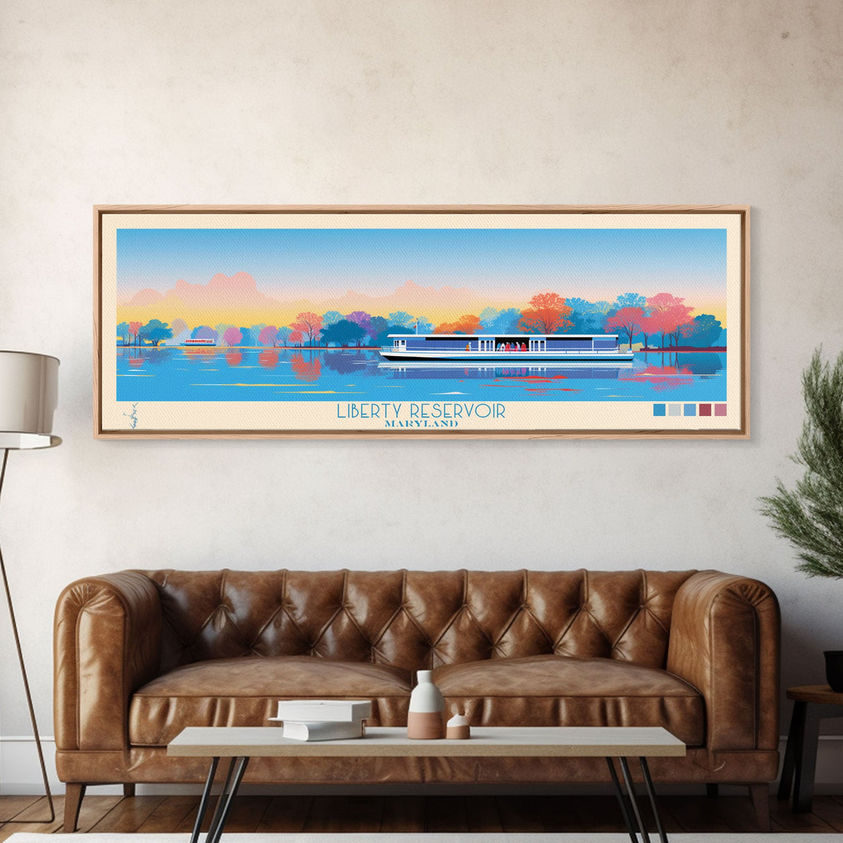 Liberty Reservoir, Maryland Panoramic Wall Art Framed Canvas Print, Midcentury Modern, Pop Art, Home Decor, Travel Poster, Bedroom Art