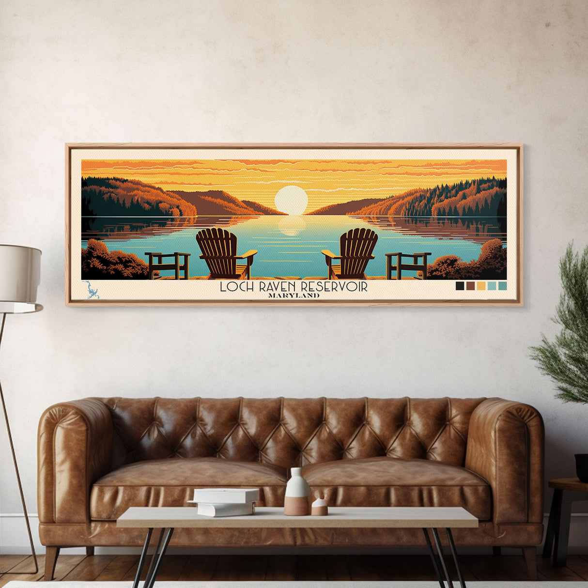 Loch Raven Reservoir, Maryland Panoramic Wall Art Framed Canvas Print, Midcentury Modern, Pop Art, Home Decor, Travel Poster, Living Room Art